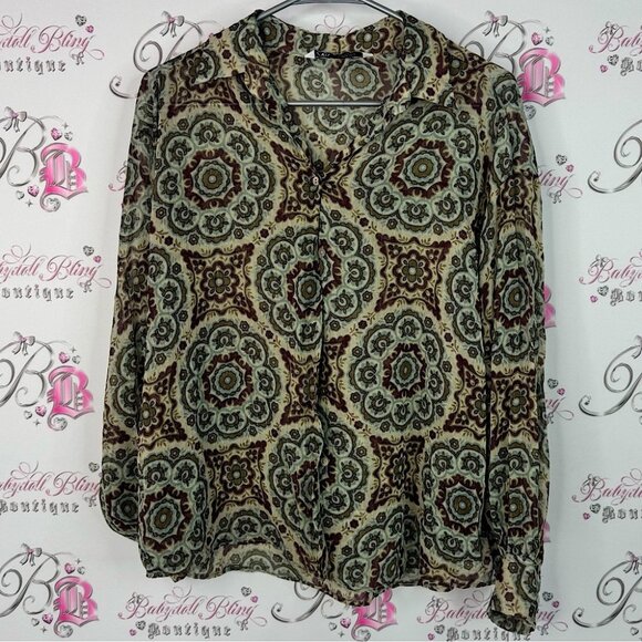 Zara blouse gold threads sparkly mandala button up Multicolor Patterned Blouse - Picture 1 of 6